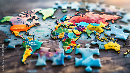 Colorful jigsaw puzzles come together to create a map. Each piece reveals a unique region. and connected to each other The complete map emphasizes the diversity and unity of the various areas.