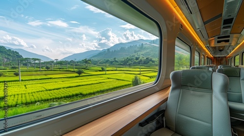 A train journey that unfolds new beauty with each passing valley of vibrant shades of green. photo