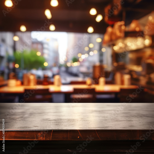 Empty Countertop Backdrop with Blurred Restaurant Background, Generative AI © Yanwei
