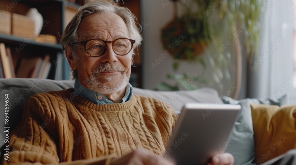 portrait of cheerful Caucasian pensioner in glasses 60-70 years old using tablet computer sitting on sofa at home. leisure of elderly person portrait of cheerful Caucasian pensioner in glasses 60-70 years old using tablet computer sitting on sofa at home. leisure of elderly person