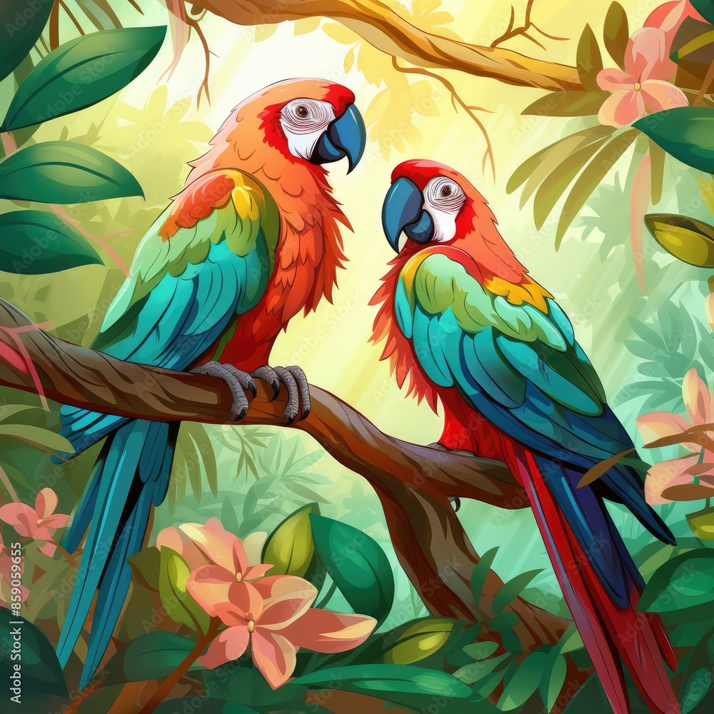 Obraz premium Two Cartoon Colorful Macaw Parrots in the Jungle, Generative AI