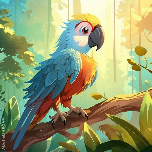 Cute Cartoon Colorful Macaw Parrot in the Jungle , Generative AI