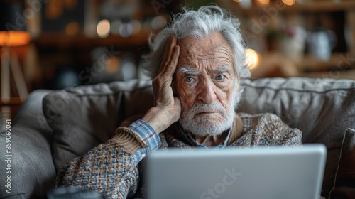 upset caucasian elderly man sitting near laptop and holding his head after being scammed by internet scammers. pensioner scammed by cyber scammers photo