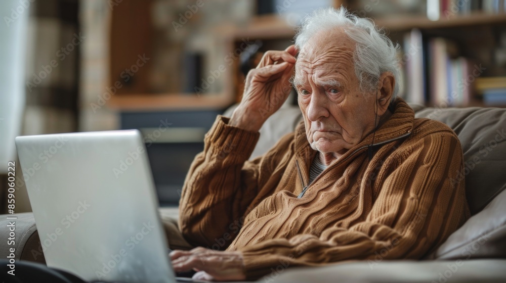 Obraz premium upset elderly man holding his head while using a laptop. concept of cyber fraud on the elderly