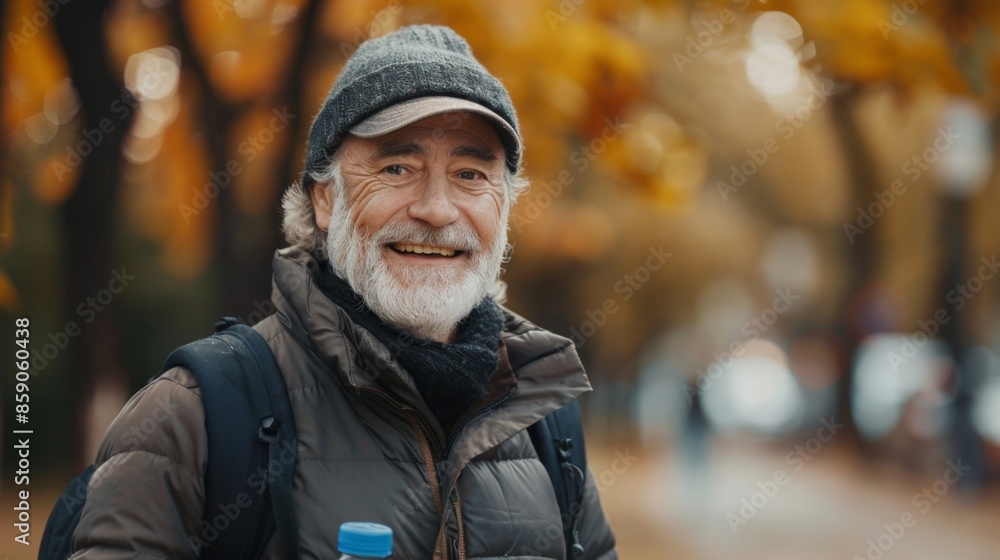 Portrait of cheerful Caucasian pensioner walking in park holding bottle of water looking at camera Portrait of cheerful Caucasian pensioner walking in park holding bottle of water looking at camera
