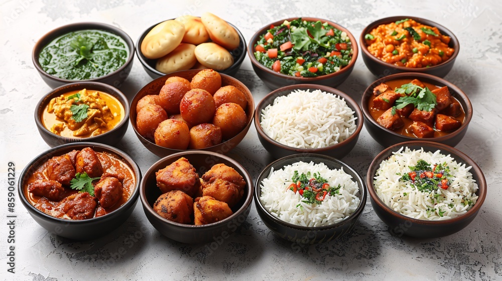 collection of Indian foods isolated on a white background, including momos, butter chicken curry and rice, samosas, and pani puri collection of Indian foods isolated on a white background, including momos, butter chicken curry and rice, samosas, and pani puri