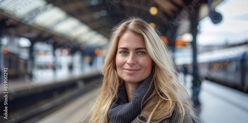 A beautiful blonde woman in her thirties stands at the train station