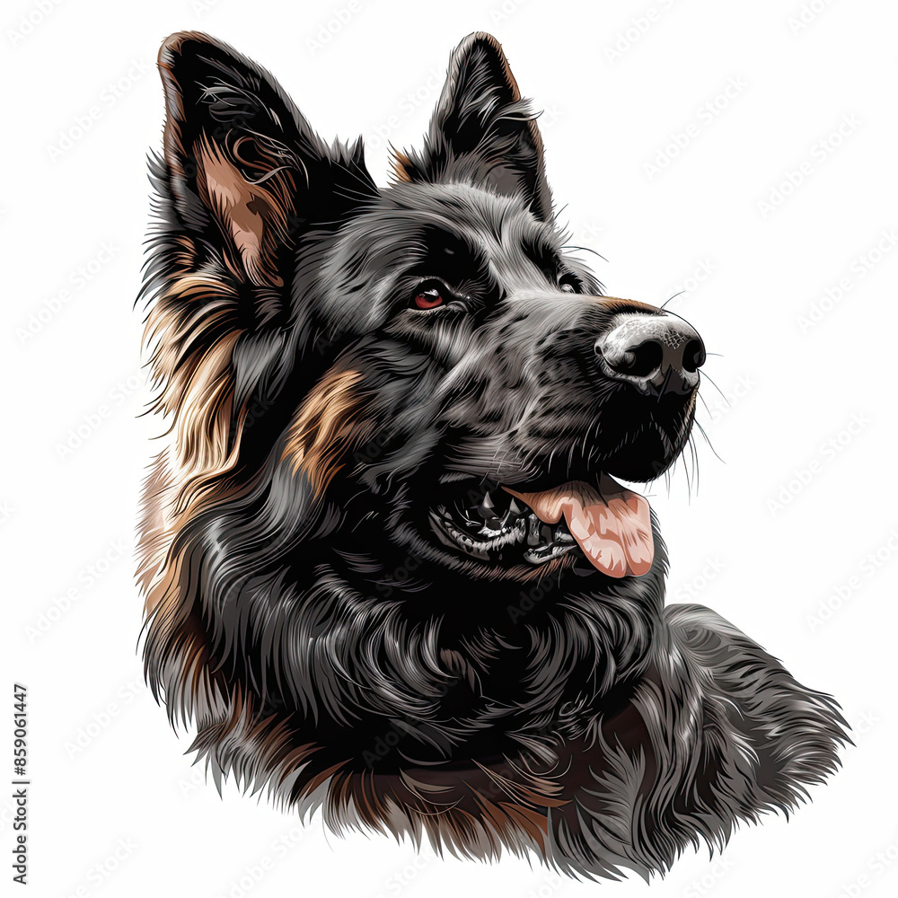 A black and white drawing of a german shepherd dog
