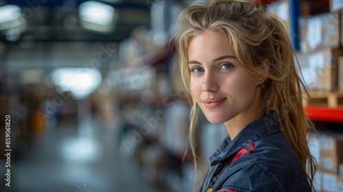 Wallpaper Mural portrait of a Caucasian young woman employee of a logistics warehouse in uniform against the background of shelves with goods and parcels, copyspace Torontodigital.ca