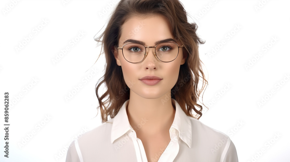 Woman wearing glasses in a portrait isolated against a stark white background
