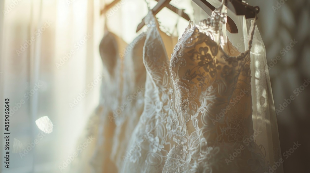 A beautiful wedding dress hanging on a hanger in front of a window A beautiful wedding dress hanging on a hanger in front of a window