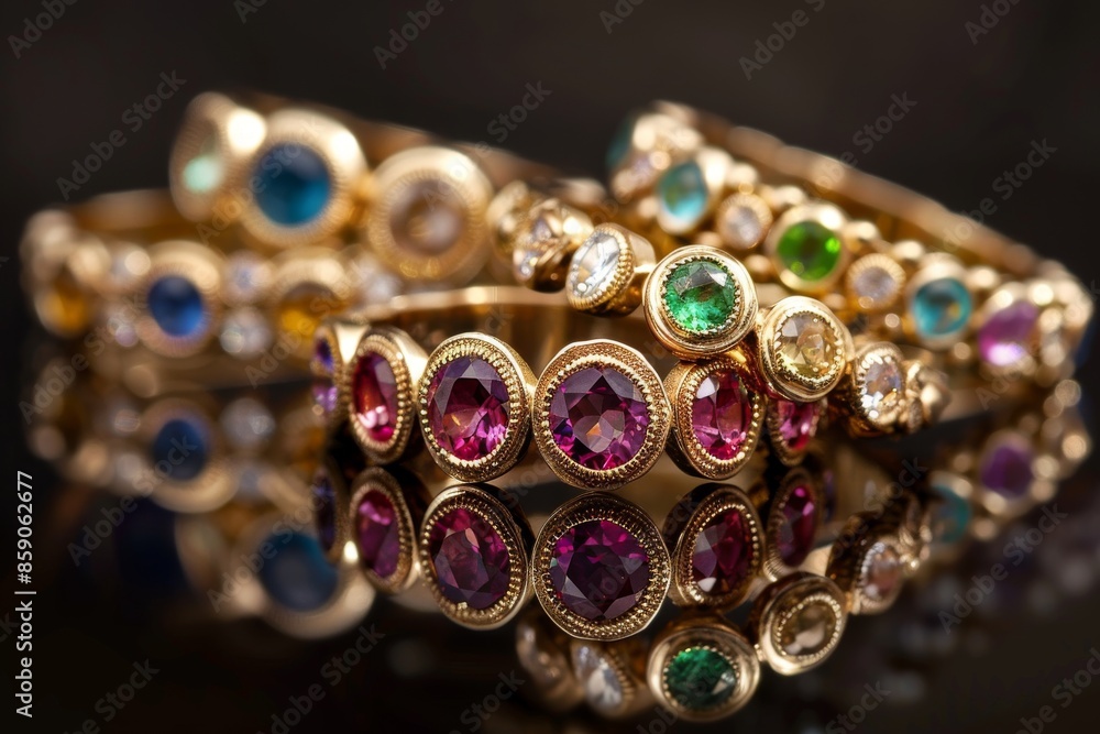 Stack of Gemstone Rings with a Reflection Stack of Gemstone Rings with a Reflection