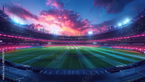 Empty soccer stadium at night with mesmerizing white and blue illumination on the professional field