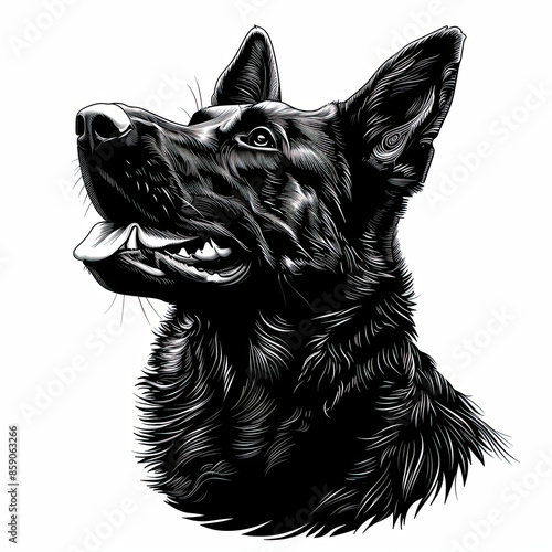 A black and white drawing of a german shepherd dog