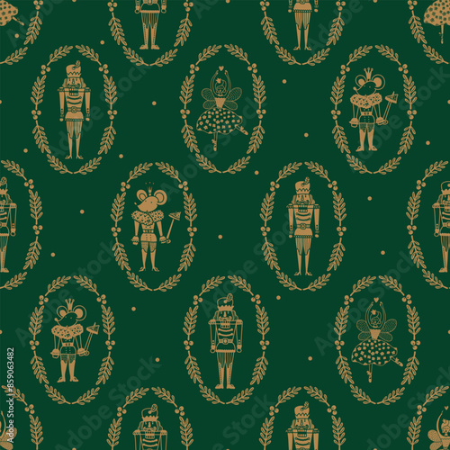 Christmas gold vector seamless Nutcracker pattern.  Can be used for wallpaper, pattern fills, web page background, surface textures.
