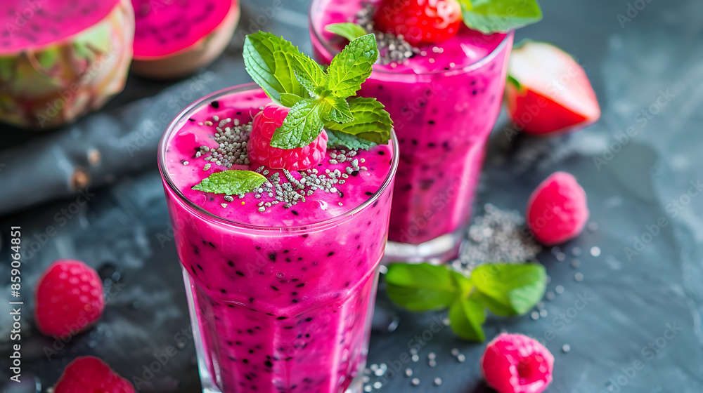 glasses of vibrant pink dragon fruit smoothie (pitaya smoothie), garnished with fresh mint leaves and raspberries. a halved dragon fruit in the background. glasses of vibrant pink dragon fruit smoothie (pitaya smoothie), garnished with fresh mint leaves and raspberries. a halved dragon fruit in the background.