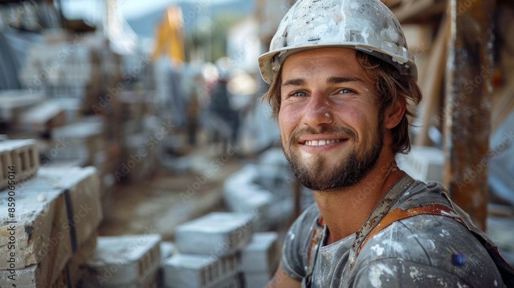 portrait of a cheerful young Caucasian bricklayer builder in a helmet and uniform against the background of a brick house under construction portrait of a cheerful young Caucasian bricklayer builder in a helmet and uniform against the background of a brick house under construction