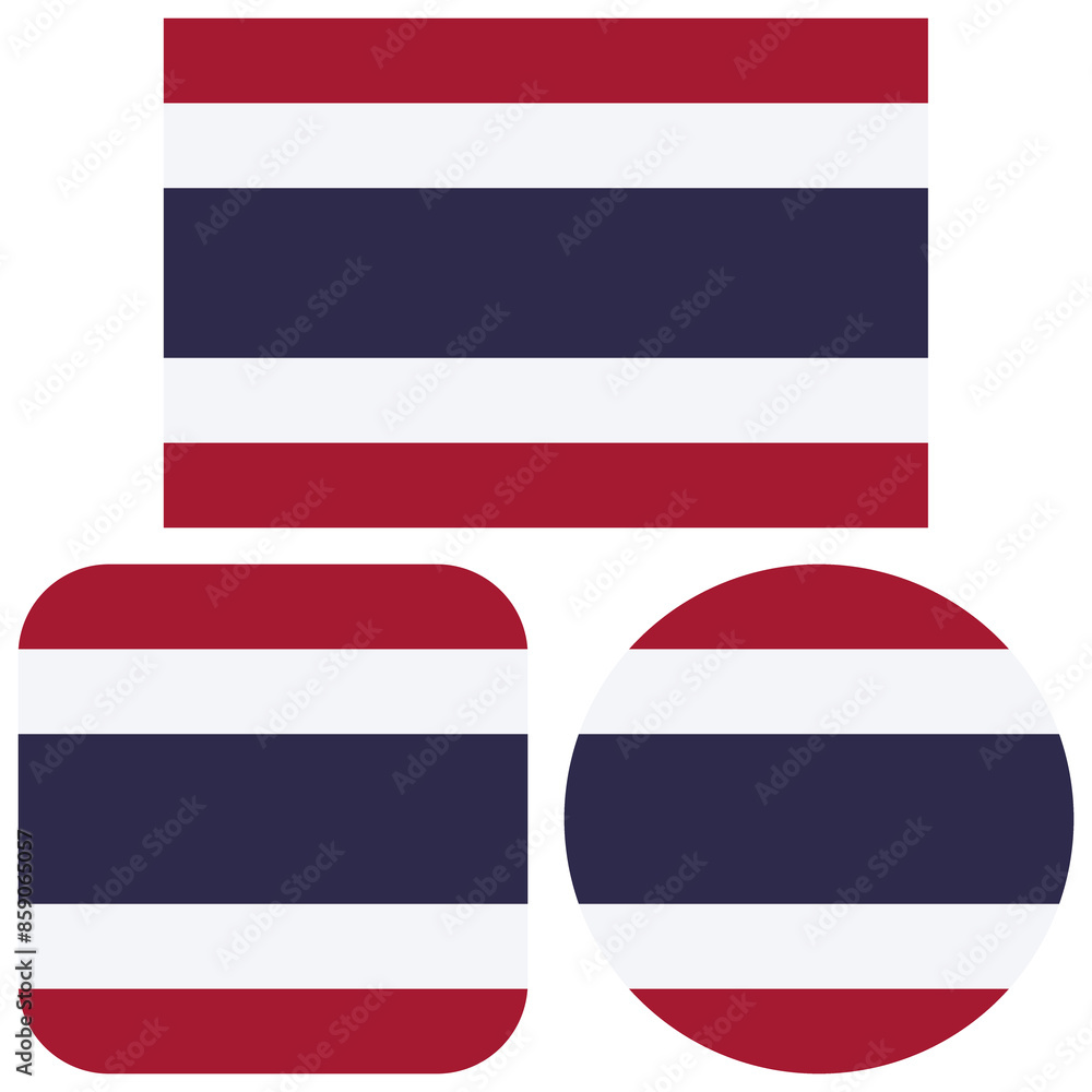 Fototapeta premium Flag of Thailand. Set with different shapes: round, square, rectangular. Ready isolated icons emblems badge. White background