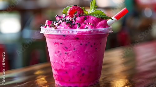 glasses of vibrant pink dragon fruit smoothie (pitaya smoothie), garnished with fresh mint leaves and raspberries. a halved dragon fruit in the background. The smoothies are served with striped straws