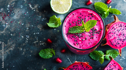 glasses of vibrant pink dragon fruit smoothie (pitaya smoothie), garnished with fresh mint leaves and raspberries. a halved dragon fruit in the background. 