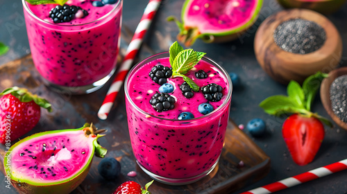 glasses of vibrant pink dragon fruit smoothie (pitaya smoothie), garnished with fresh mint leaves and raspberries. a halved dragon fruit in the background. The smoothies are served with striped straws