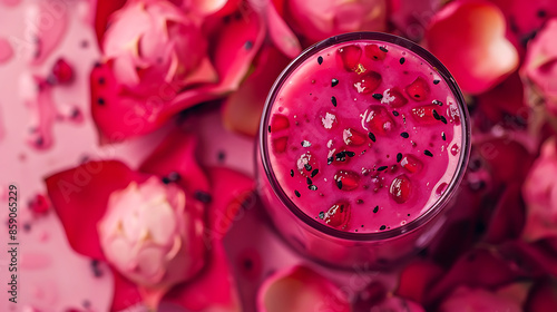 glasses of vibrant pink dragon fruit smoothie (pitaya smoothie), garnished with fresh mint leaves and raspberries. a halved dragon fruit in the background. 