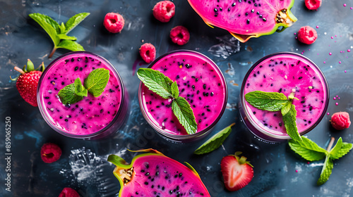 glasses of vibrant pink dragon fruit smoothie (pitaya smoothie), garnished with fresh mint leaves and raspberries. a halved dragon fruit in the background. 