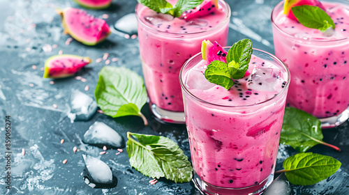 glasses of vibrant pink dragon fruit smoothie (pitaya smoothie), garnished with fresh mint leaves and raspberries. a halved dragon fruit in the background. 