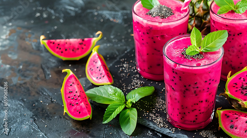 glasses of vibrant pink dragon fruit smoothie (pitaya smoothie), garnished with fresh mint leaves and raspberries. a halved dragon fruit in the background. 
