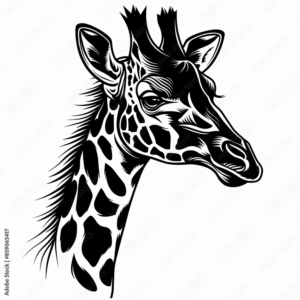 Naklejka premium A black and white drawing of a giraffe 's head