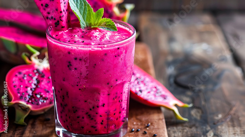 glasses of vibrant pink dragon fruit smoothie (pitaya smoothie), garnished with fresh mint leaves and raspberries. a halved dragon fruit in the background. 