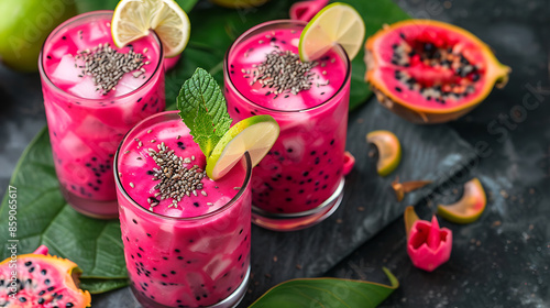 glasses of vibrant pink dragon fruit smoothie (pitaya smoothie), garnished with fresh mint leaves and raspberries. a halved dragon fruit in the background. 