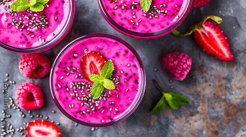 glasses of vibrant pink dragon fruit smoothie (pitaya smoothie), garnished with fresh mint leaves and raspberries. a halved dragon fruit in the background. 