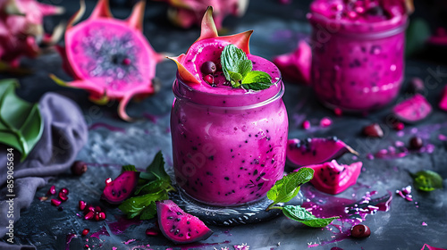 glasses of vibrant pink dragon fruit smoothie (pitaya smoothie), garnished with fresh mint leaves and raspberries. a halved dragon fruit in the background. 