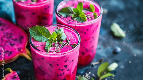 glasses of vibrant pink dragon fruit smoothie (pitaya smoothie), garnished with fresh mint leaves and raspberries. a halved dragon fruit in the background. 