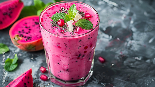 glasses of vibrant pink dragon fruit smoothie (pitaya smoothie), garnished with fresh mint leaves and raspberries. a halved dragon fruit in the background. 