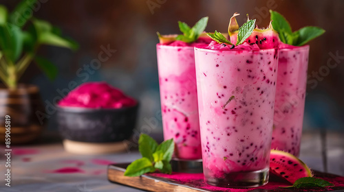 glasses of vibrant pink dragon fruit smoothie (pitaya smoothie), garnished with fresh mint leaves and raspberries. a halved dragon fruit in the background. 