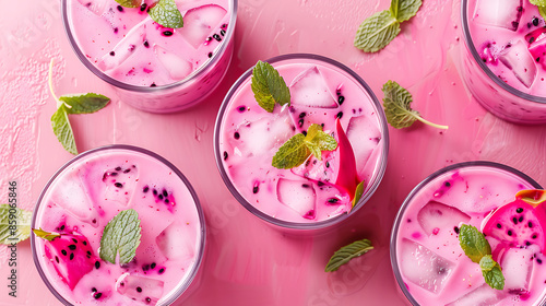 glasses of vibrant pink dragon fruit smoothie (pitaya smoothie), garnished with fresh mint leaves and raspberries. a halved dragon fruit in the background. 