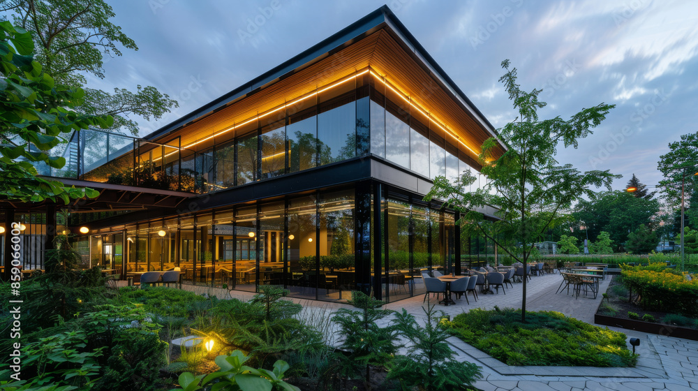 A modern glass building reflecting the soft, ambient light of the evening, surrounded by lush greenery. A modern glass building reflecting the soft, ambient light of the evening, surrounded by lush greenery.