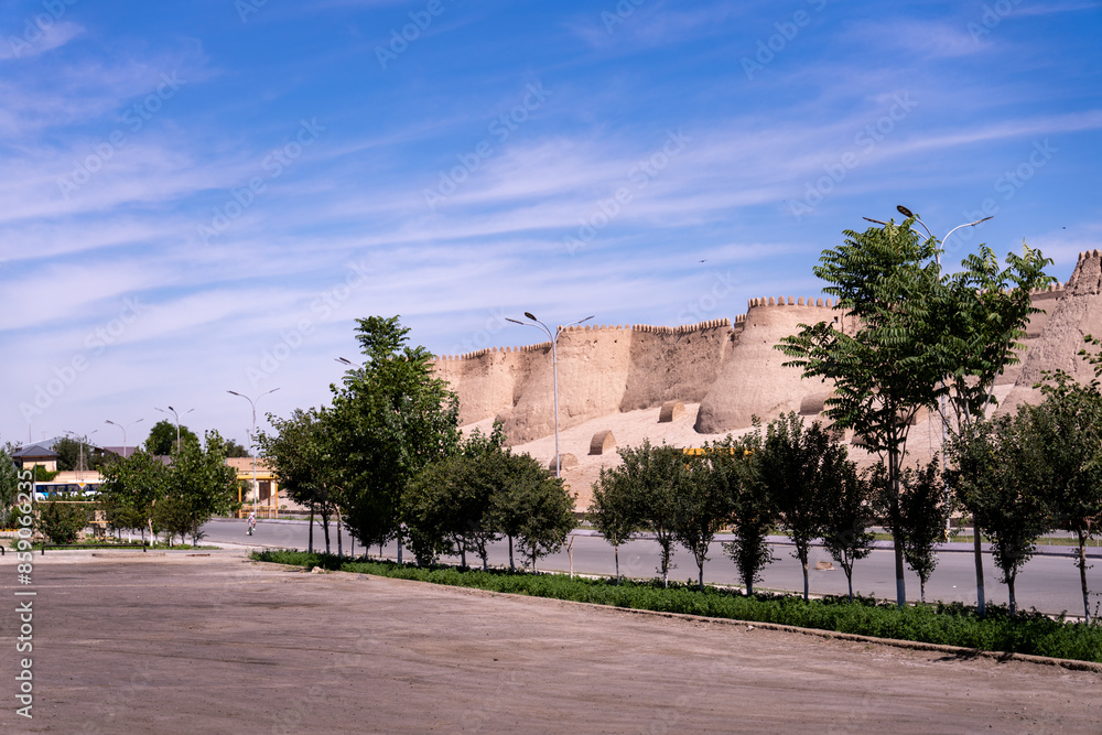 Naklejka premium A desert landscape with a few trees and a building in the background. The sky is clear and blue