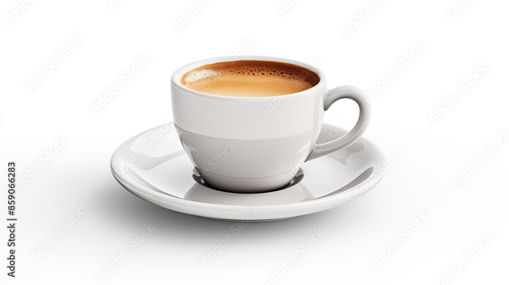 Delicious espresso poured into a cup and isolated against a stark white background Delicious espresso poured into a cup and isolated against a stark white background