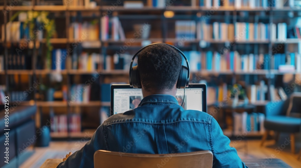 A man wearing headphones and working on his laptop in an office. A man wearing headphones and working on his laptop in an office.