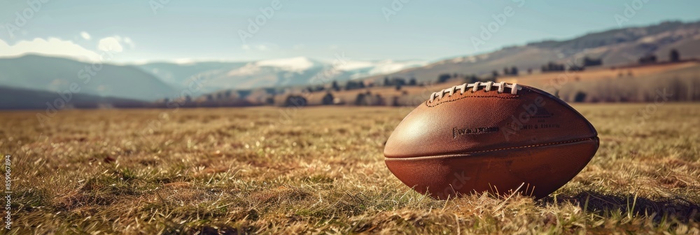 Brown leather American football ball lies on the grass Brown leather American football ball lies on the grass
