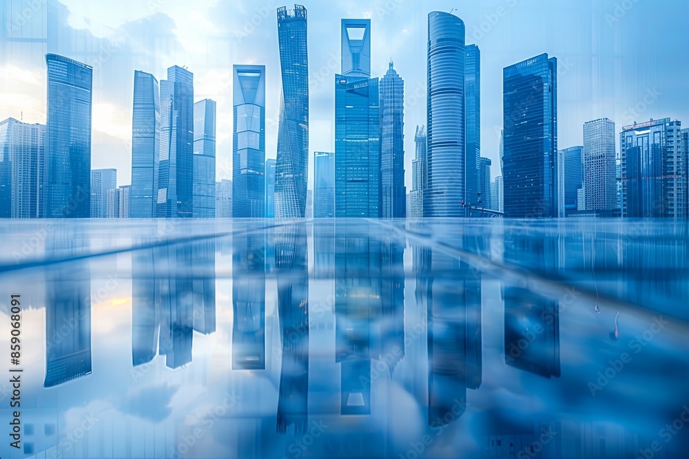 Modern city skyline with skyscrappers and reflection created with Generative AI Modern city skyline with skyscrappers and reflection created with Generative AI