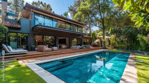 Luxury Home with Pool and Backyard - A modern home with a large swimming pool and a lush backyard.
