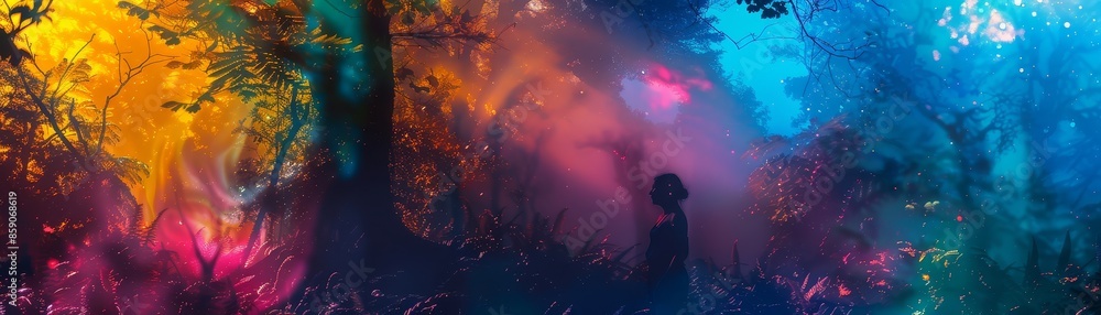 Silhouette in a Mystical Forest - A shadowy figure stands in a vibrant and otherworldly forest, illuminated by a colorful light display. Silhouette in a Mystical Forest - A shadowy figure stands in a vibrant and otherworldly forest, illuminated by a colorful light display.