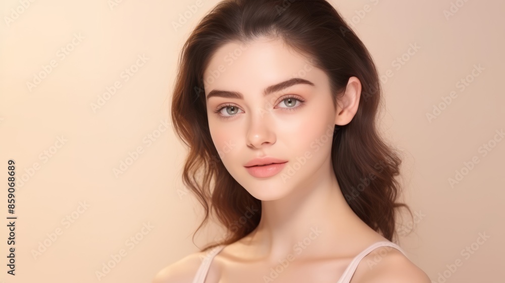 Fototapeta premium Beautiful young woman with wavy brown hair, green eyes, and natural makeup posing against a soft beige background. Her serene expression and flawless skin create a tranquil and elegant image