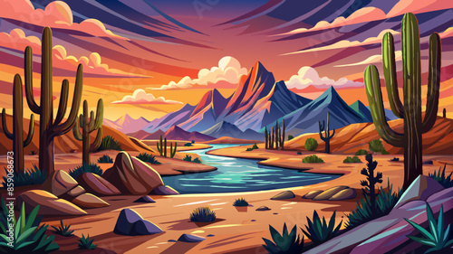 A desert landscape with a dry riverbed, tall cacti, and mountains in the background under a cloudy sky at sunset