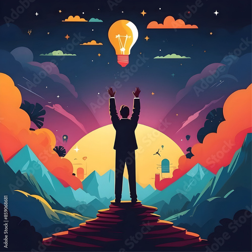 Idea's Dawn: A lone figure reaches for an illuminating lightbulb against a vibrant sunrise, symbolizing the dawn of a brilliant idea. 