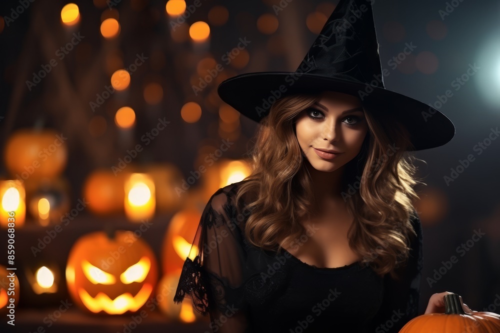 Charming young woman in a black witch costume and pointed hat, holding a pumpkin. She stands against a backdrop of glowing jack-o'-lanterns and warm lights, creating a festive Halloween ambiance Charming young woman in a black witch costume and pointed hat, holding a pumpkin. She stands against a backdrop of glowing jack-o'-lanterns and warm lights, creating a festive Halloween ambiance
